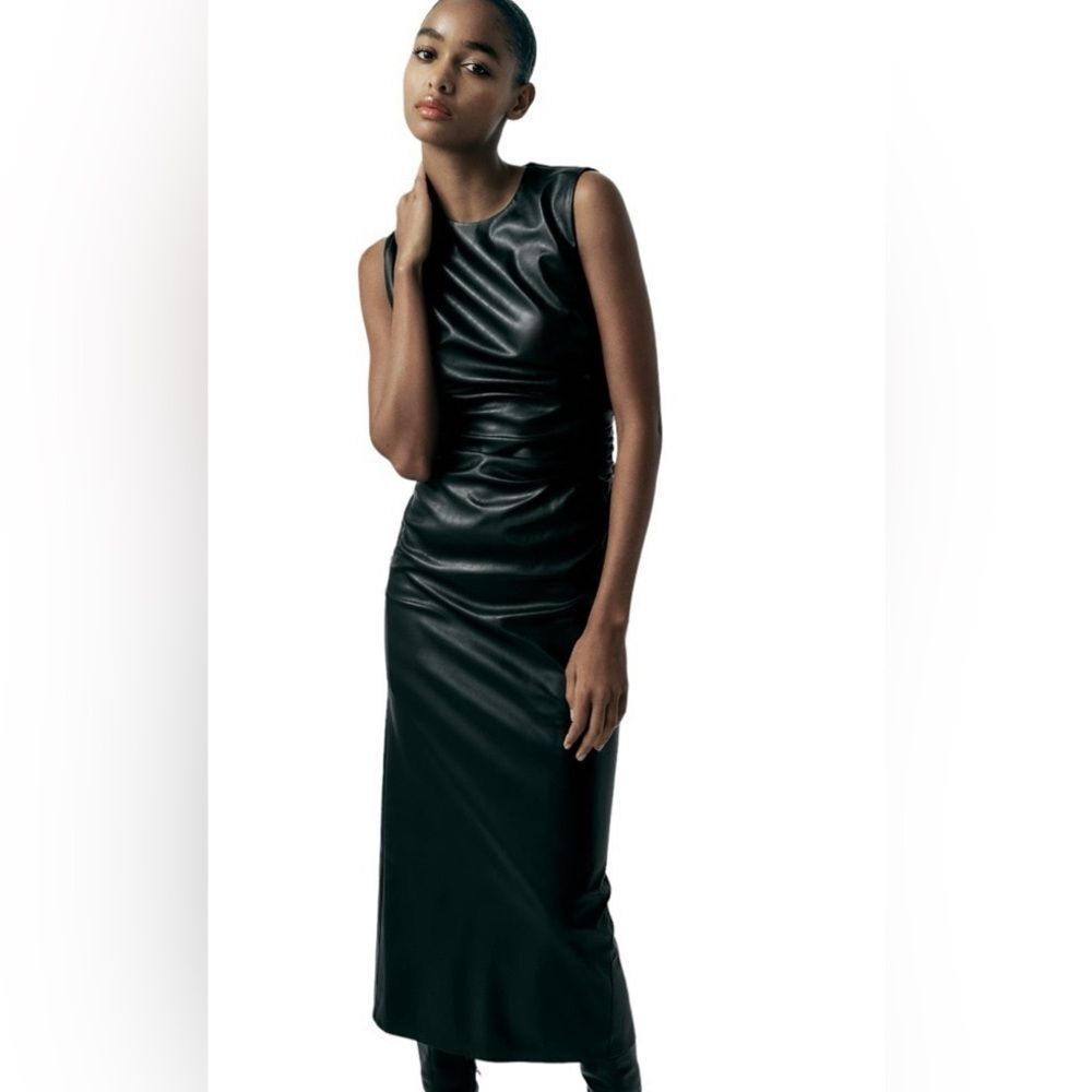 Zara Faux Leather Draped Dress midi women size M